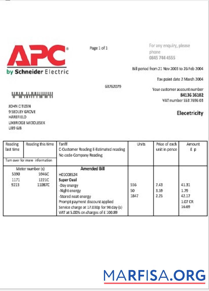 Blank United Kingdom APC electricity utility bill template in Word and PDF format